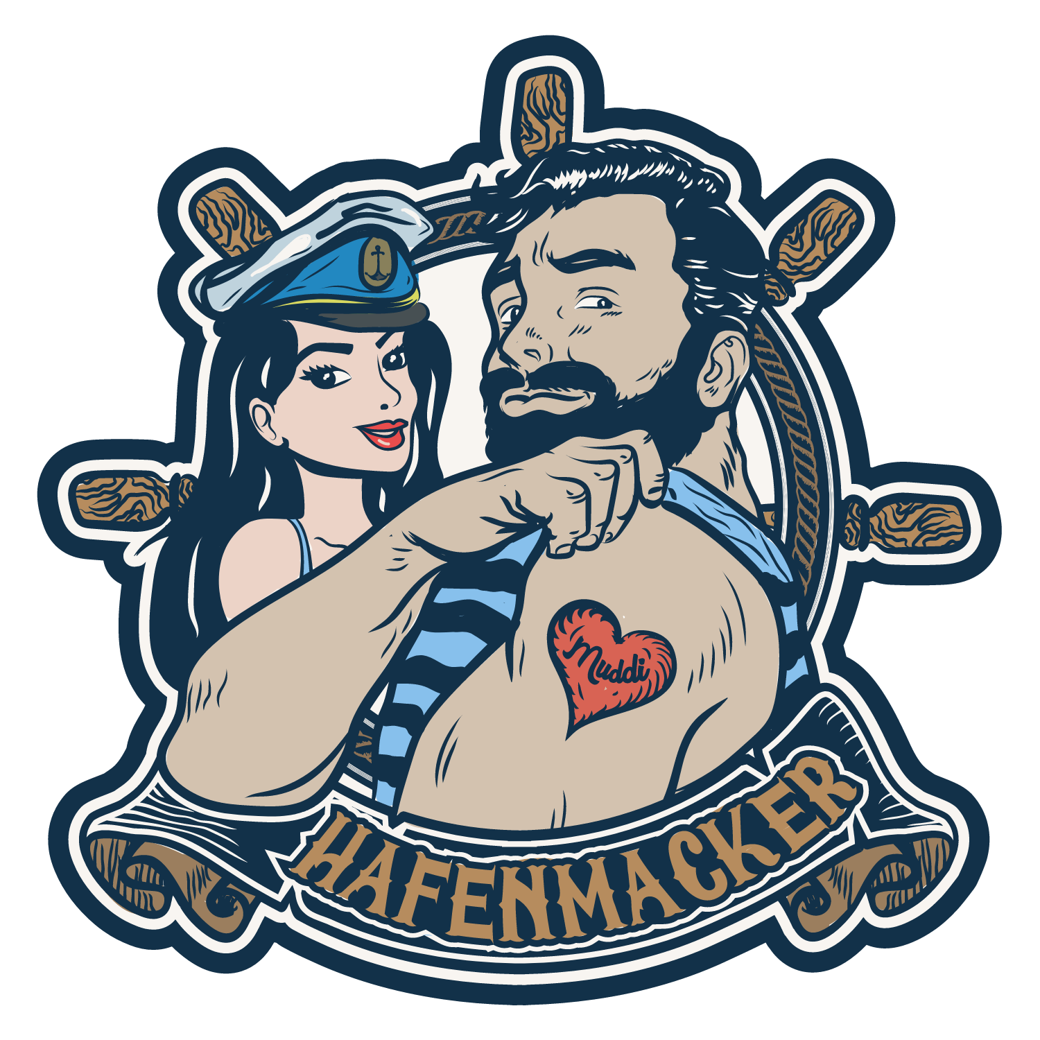großes Hafenmacker Logo - Seemann mit Frau und Anker